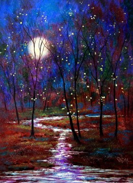 Harvest moon and Stream garden decor scenery wall art nature landscape Oil Paintings